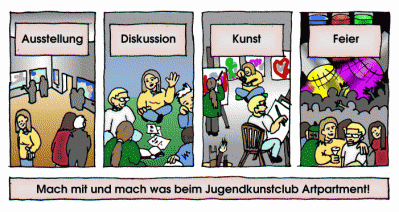 Der Jugend- und Kunstclub im Comic beworben – by Sanne